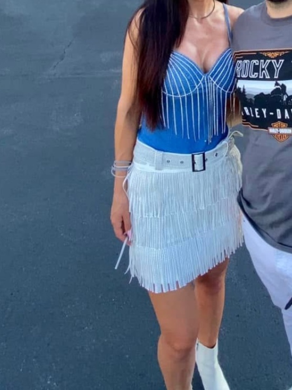 Blue Beaded Bustier Top with White Fringe Mini Skirt- rhinestone and beaded